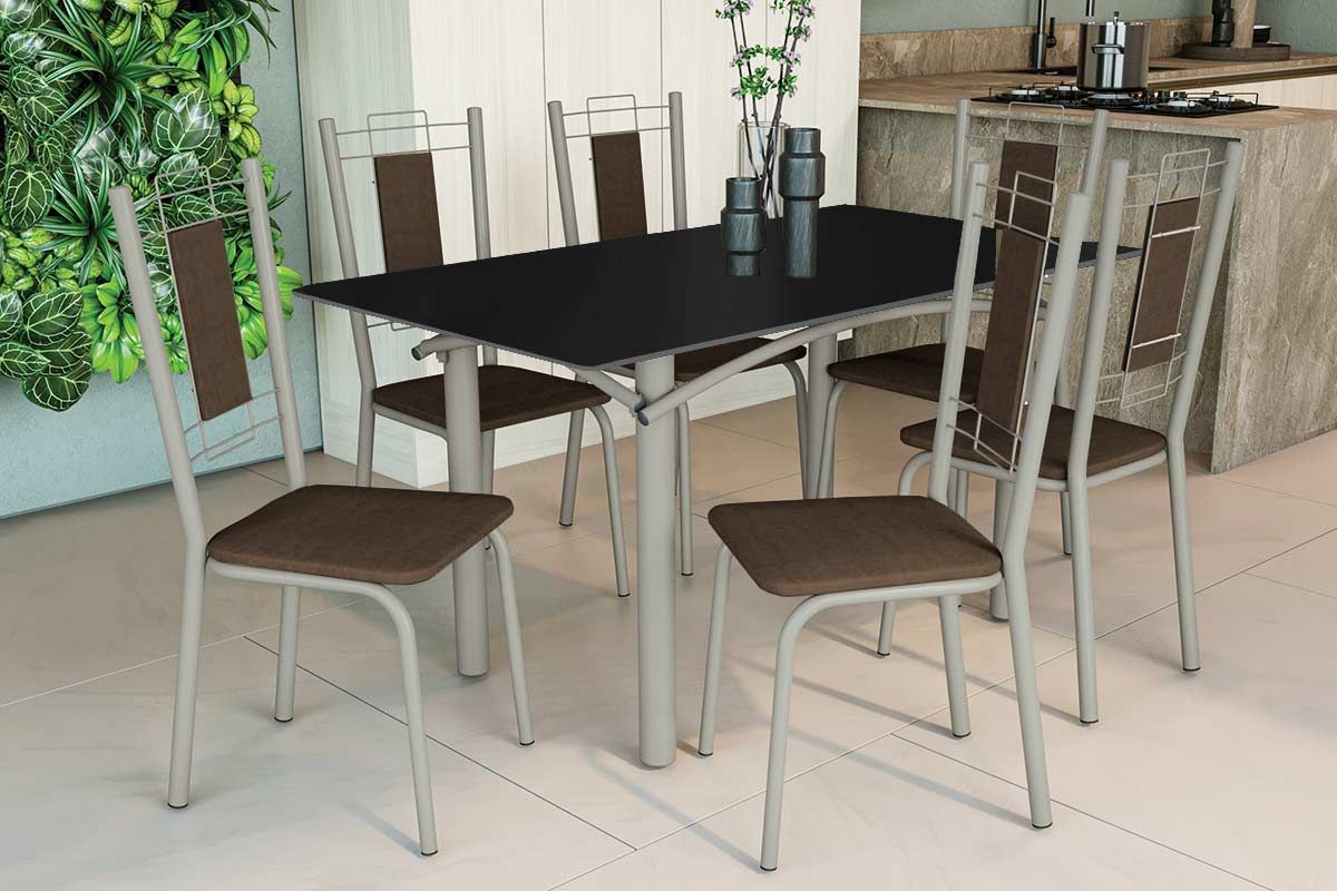 Sala Jantar Mesa Elba Tampo Madeirado c/ Vidro 160cm e 6 Cadeiras Florença - Kappesberg