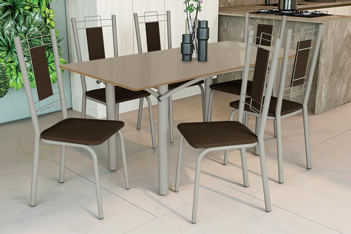 Sala Jantar Mesa Elba Tampo Madeirado c/ Vidro 160cm e 6 Cadeiras Florença - Kappesberg