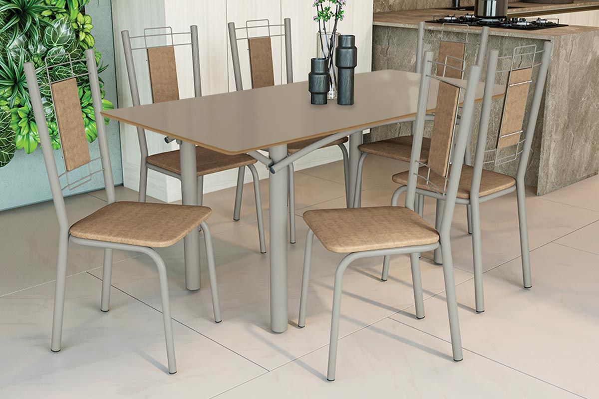 Sala Jantar Mesa Elba Tampo Madeirado c/ Vidro 160cm e 6 Cadeiras Florença - Kappesberg