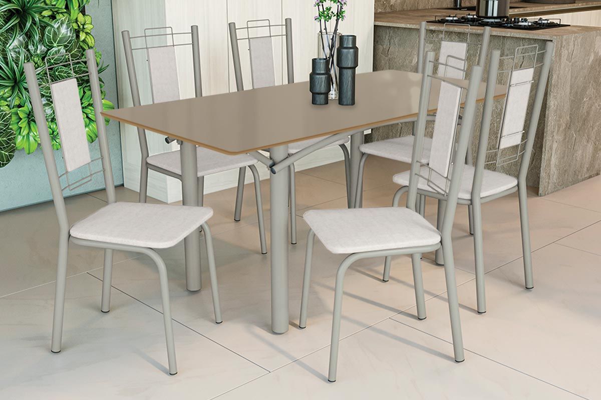 Sala Jantar Mesa Elba Tampo Madeirado c/ Vidro 160cm e 6 Cadeiras Florença - Kappesberg