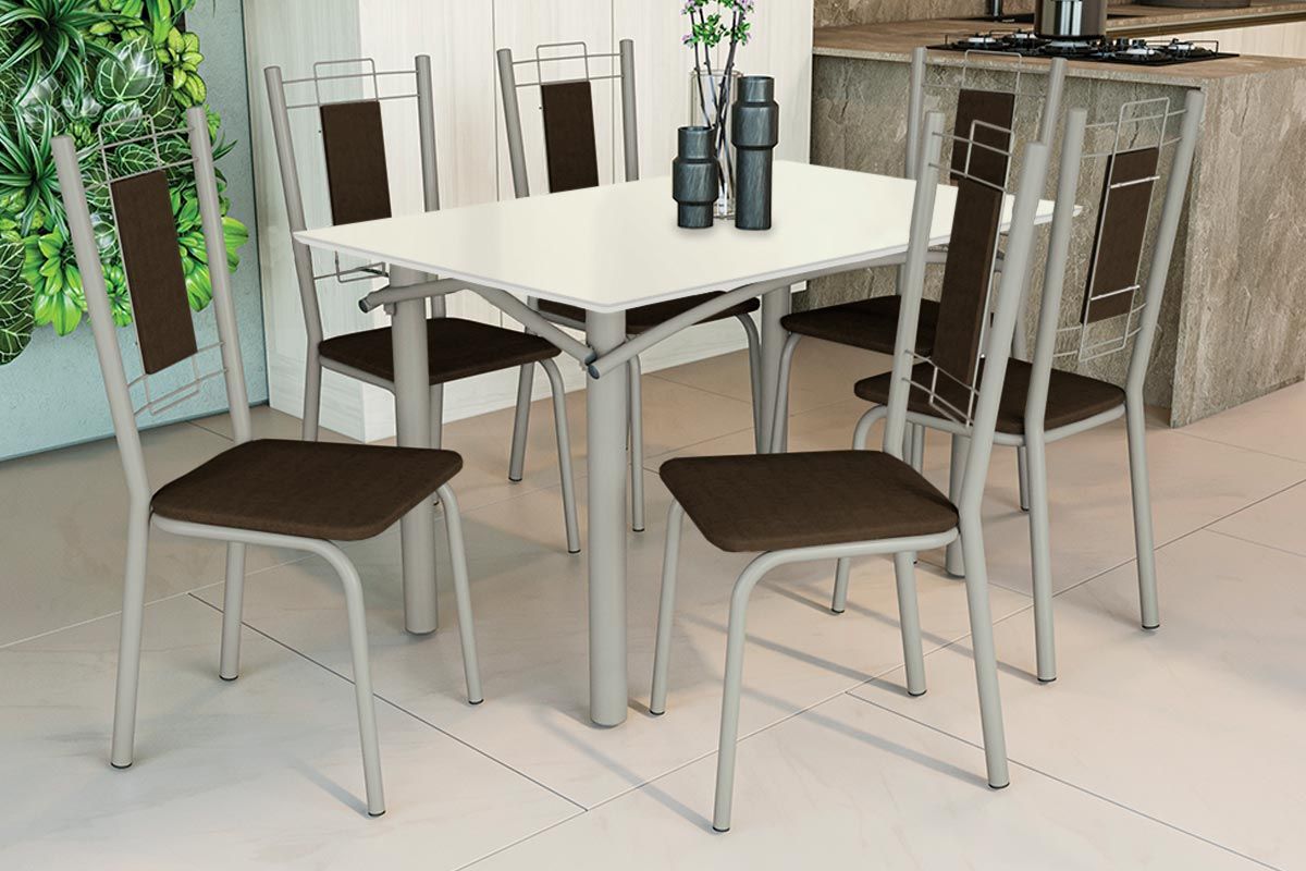 Sala Jantar Mesa Elba Tampo Madeirado c/ Vidro 120cm e 6 Cadeiras Florença - Kappesberg