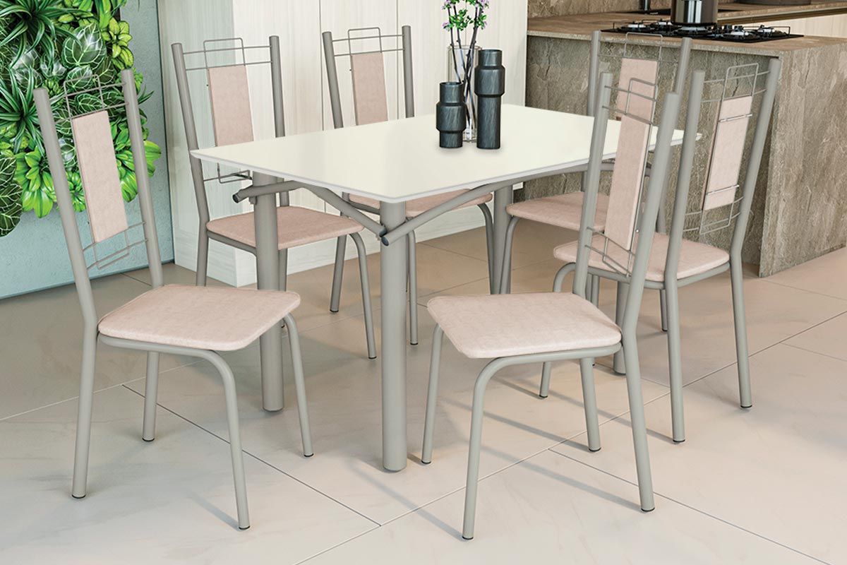 Sala Jantar Mesa Elba Tampo Madeirado c/ Vidro 120cm e 6 Cadeiras Florença - Kappesberg