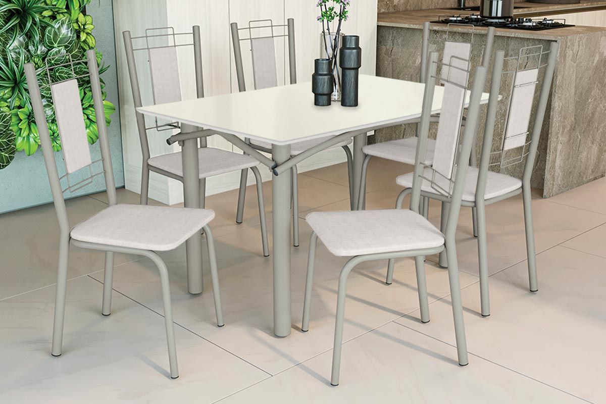 Sala Jantar Mesa Elba Tampo Madeirado c/ Vidro 120cm e 6 Cadeiras Florença - Kappesberg