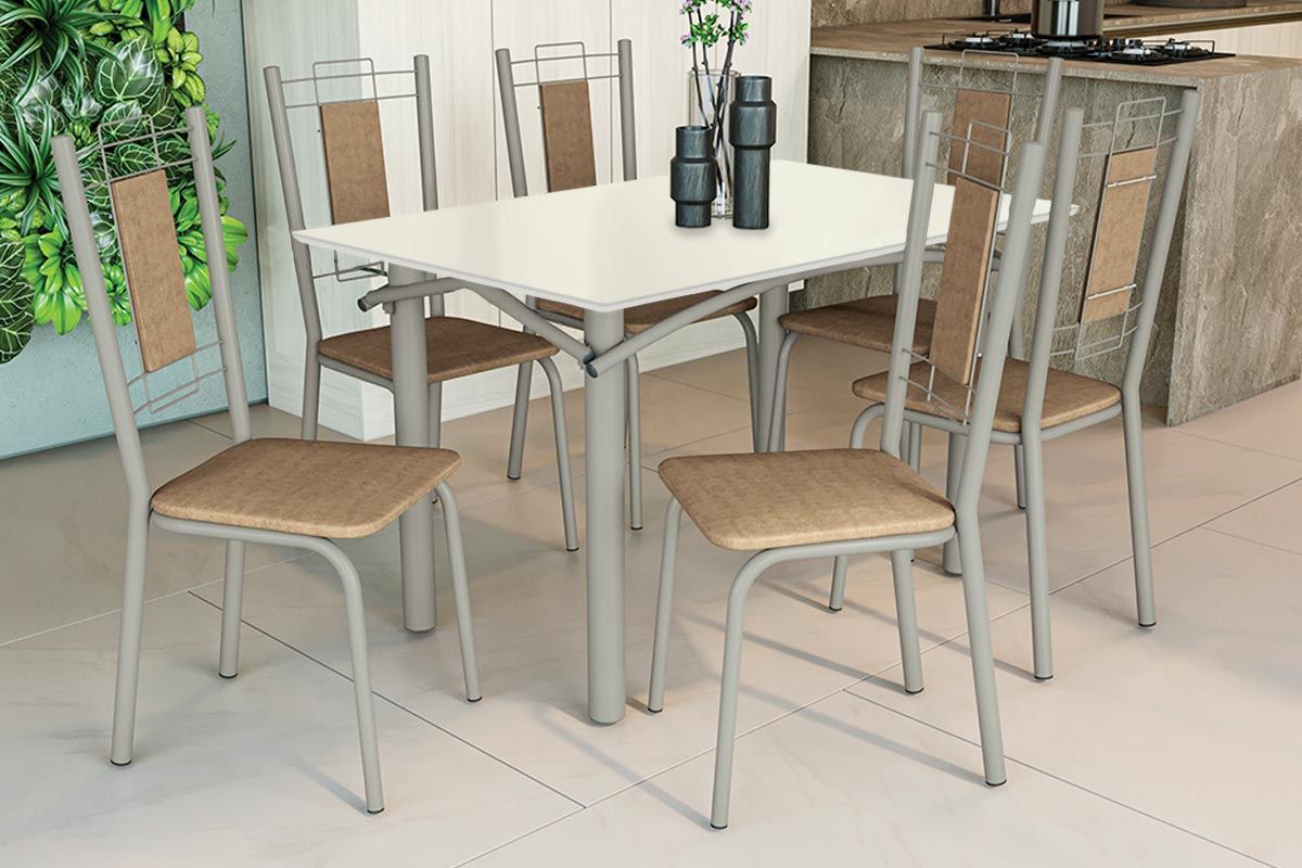 Sala Jantar Mesa Elba Tampo Madeirado c/ Vidro 120cm e 6 Cadeiras Florença - Kappesberg