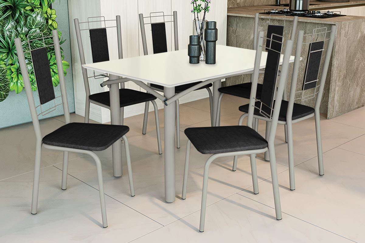 Sala Jantar Mesa Elba Tampo Madeirado c/ Vidro 120cm e 6 Cadeiras Florença - Kappesberg