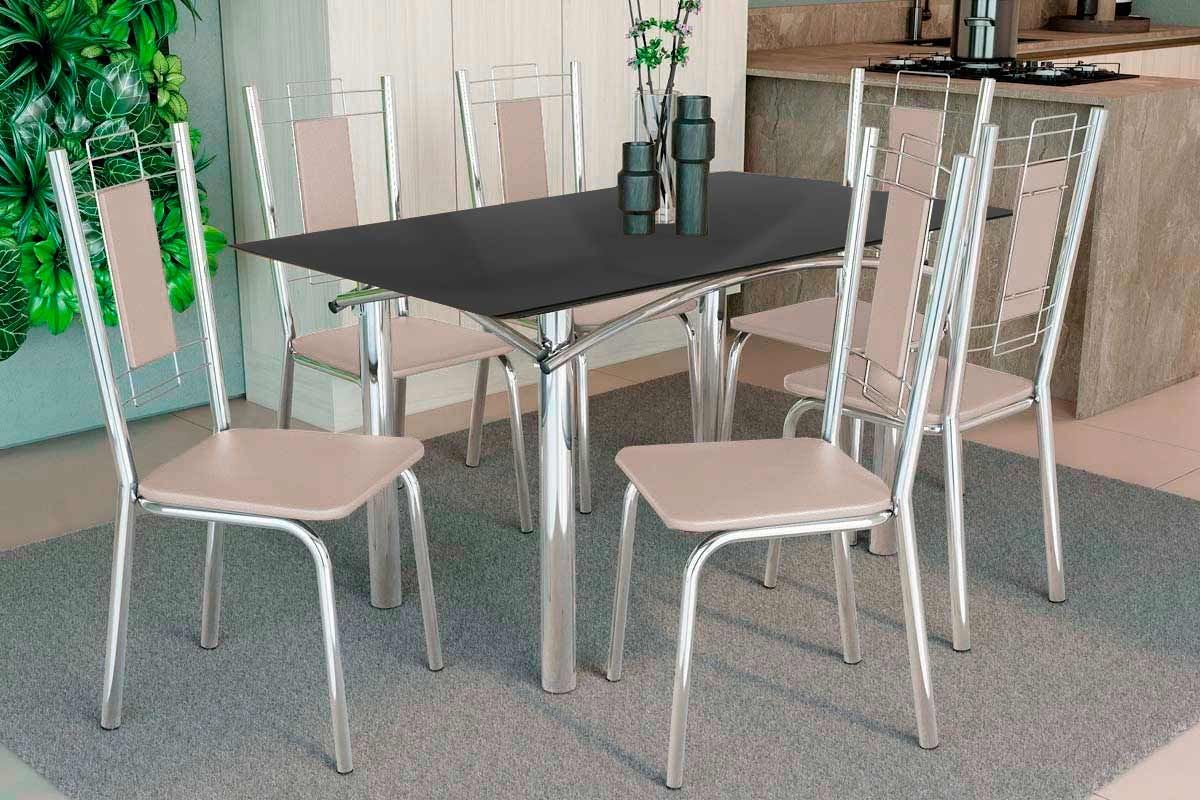 Sala Jantar Mesa Elba Tampo Madeirado c/ Vidro 120cm e 6 Cadeiras Florença - Kappesberg