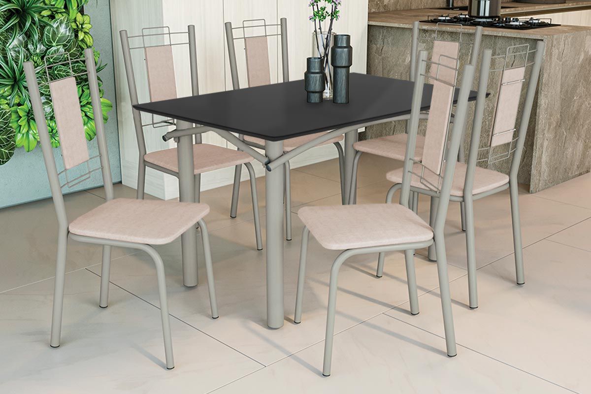 Sala Jantar Mesa Elba Tampo Madeirado c/ Vidro 120cm e 6 Cadeiras Florença - Kappesberg