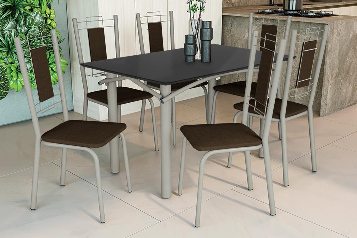 Sala Jantar Mesa Elba Tampo Madeirado c/ Vidro 120cm e 6 Cadeiras Florença - Kappesberg