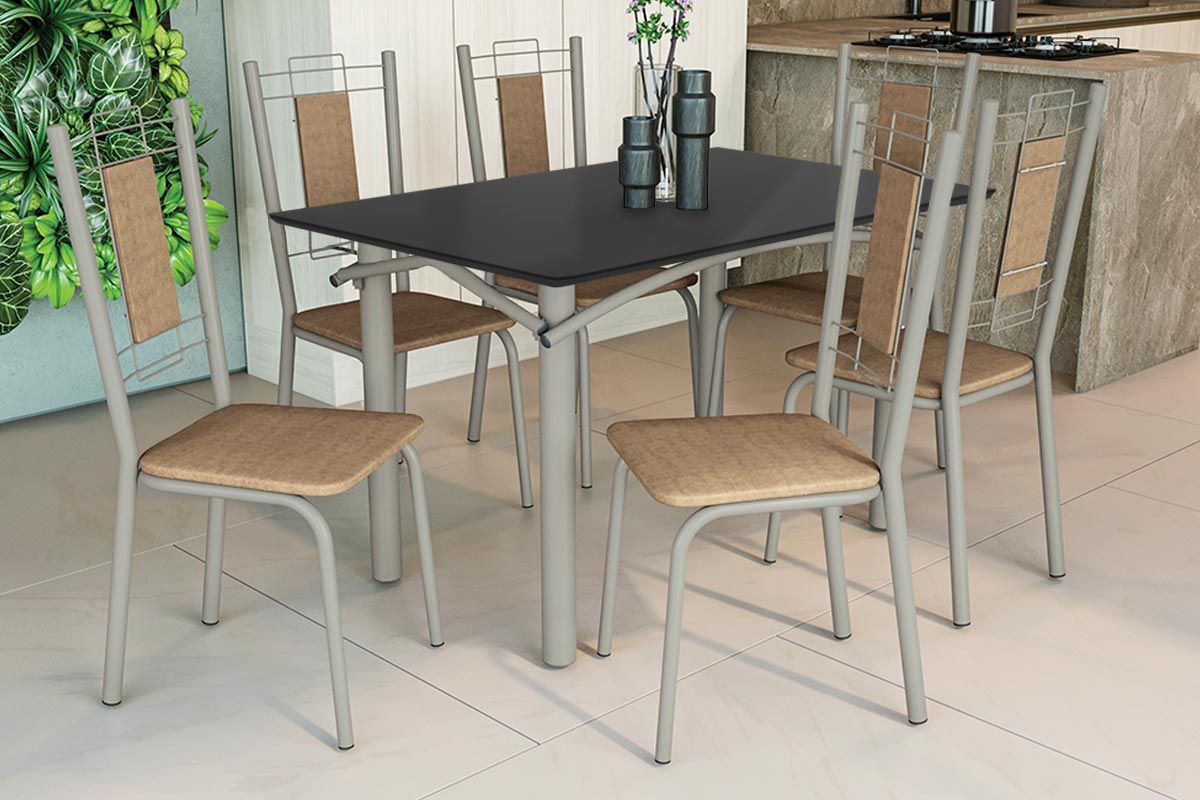 Sala Jantar Mesa Elba Tampo Madeirado c/ Vidro 120cm e 6 Cadeiras Florença - Kappesberg