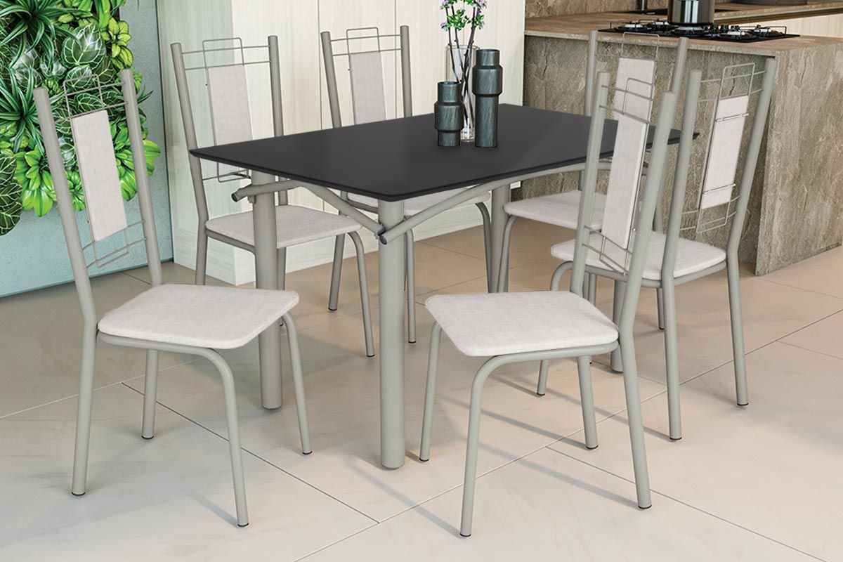 Sala Jantar Mesa Elba Tampo Madeirado c/ Vidro 120cm e 6 Cadeiras Florença - Kappesberg