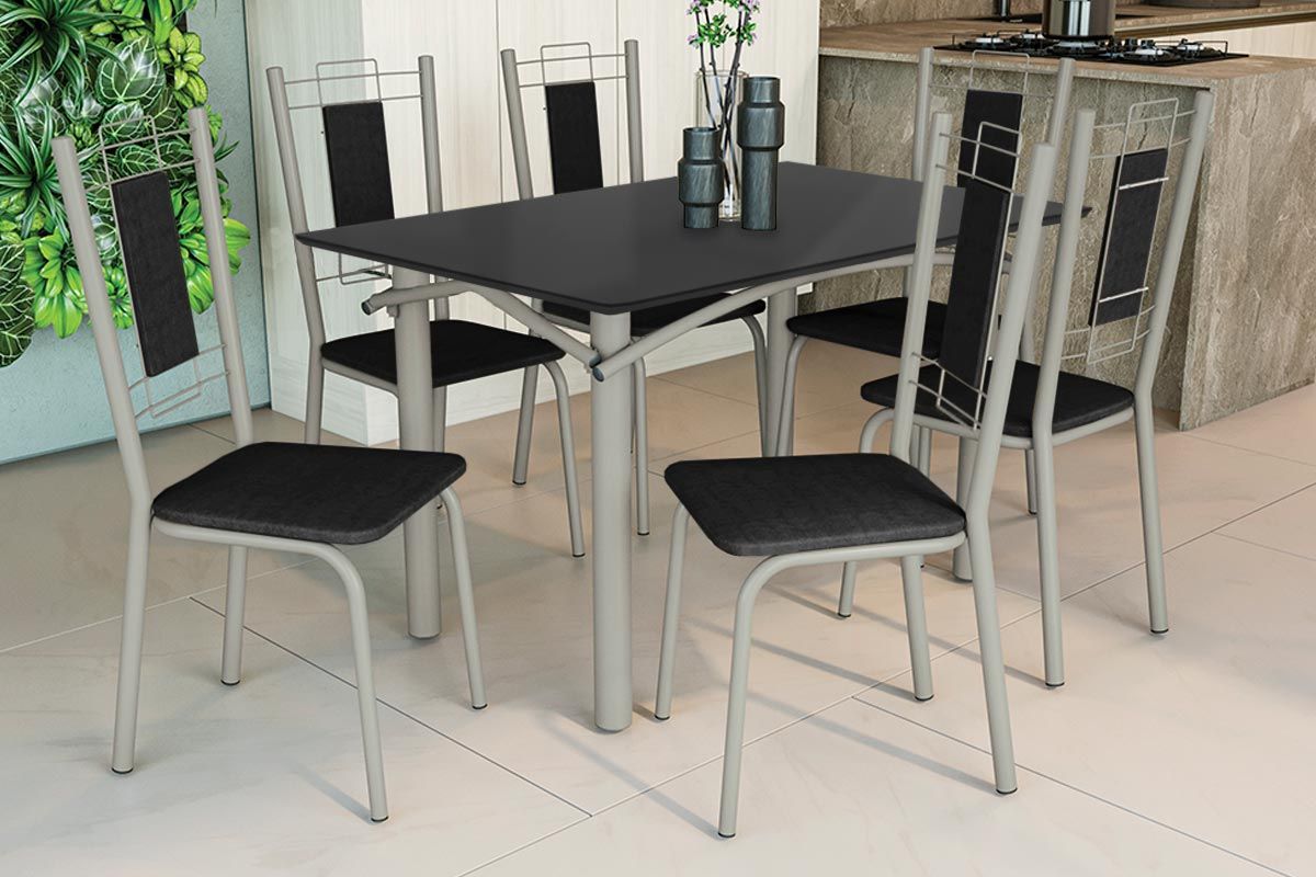 Sala Jantar Mesa Elba Tampo Madeirado c/ Vidro 120cm e 6 Cadeiras Florença - Kappesberg