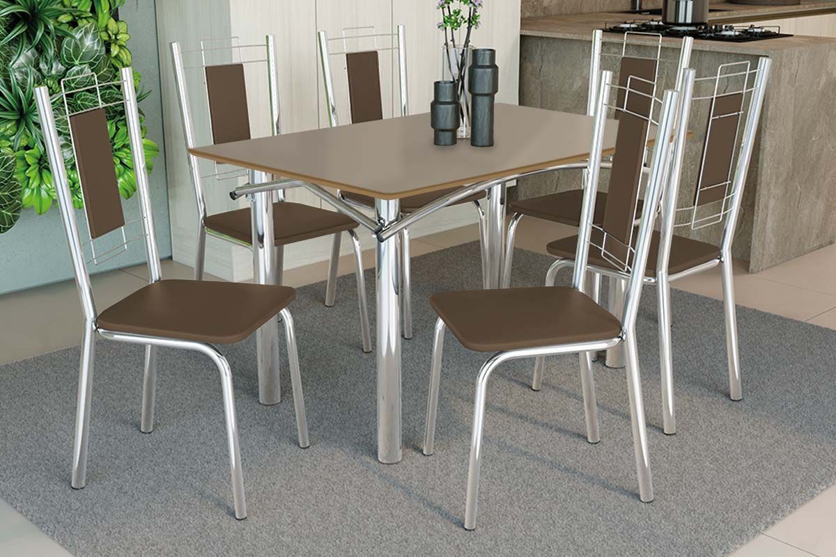 Sala Jantar Mesa Elba Tampo Madeirado c/ Vidro 120cm e 6 Cadeiras Florença - Kappesberg