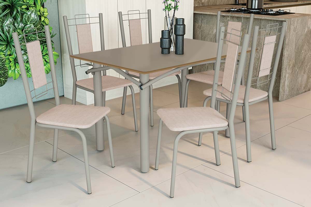 Sala Jantar Mesa Elba Tampo Madeirado c/ Vidro 120cm e 6 Cadeiras Florença - Kappesberg