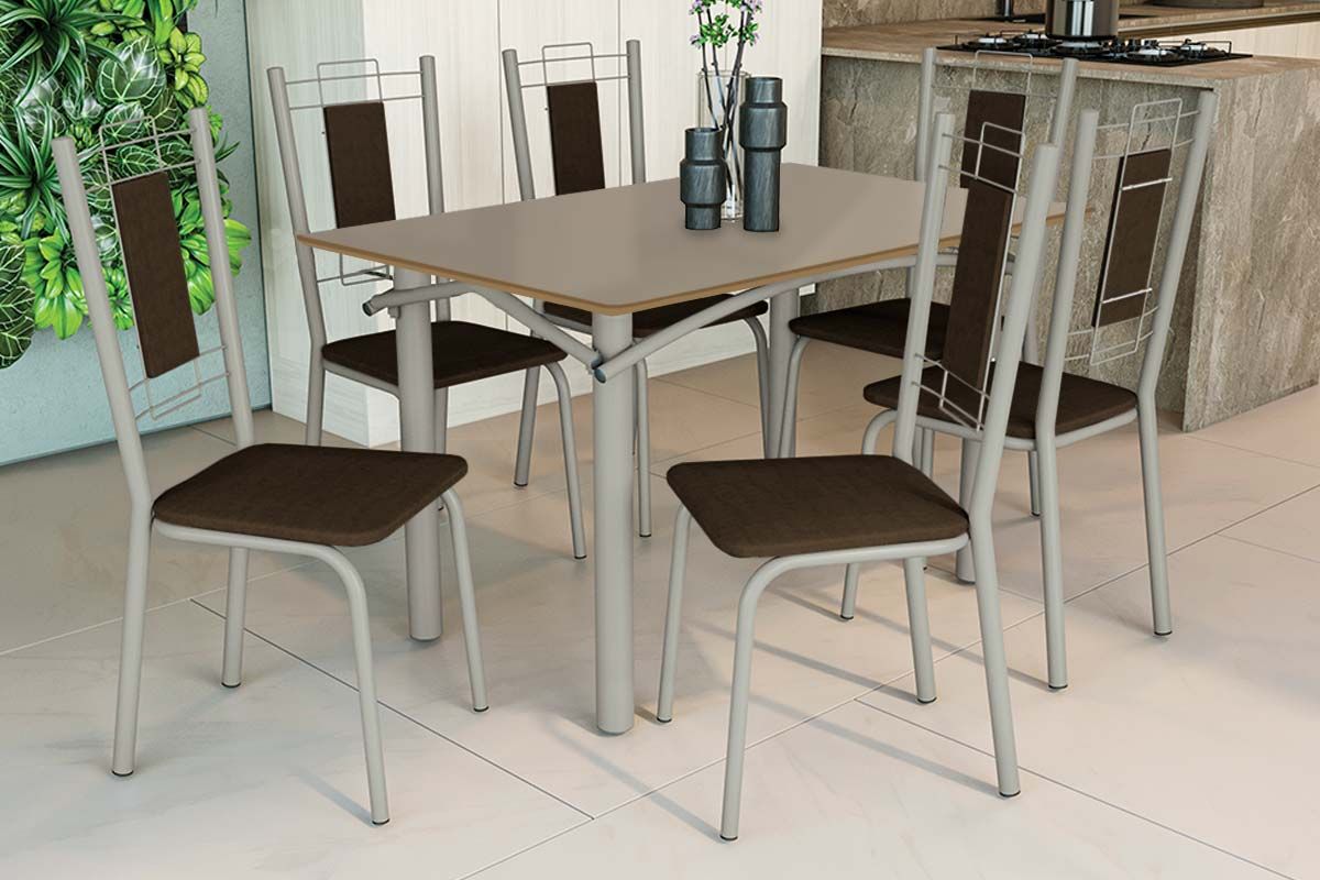 Sala Jantar Mesa Elba Tampo Madeirado c/ Vidro 120cm e 6 Cadeiras Florença - Kappesberg