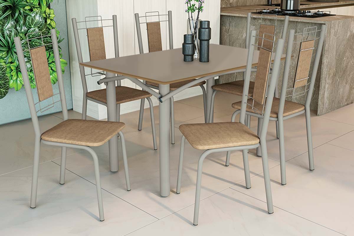 Sala Jantar Mesa Elba Tampo Madeirado c/ Vidro 120cm e 6 Cadeiras Florença - Kappesberg
