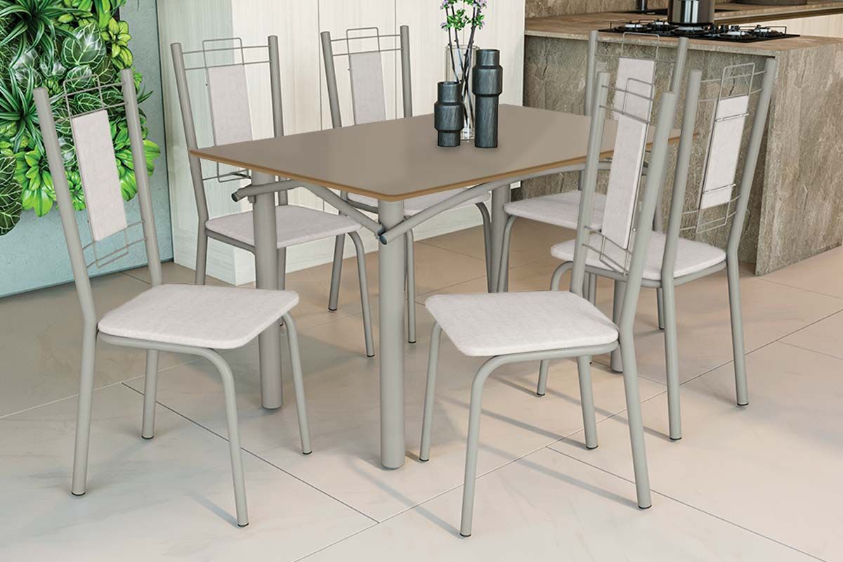 Sala Jantar Mesa Elba Tampo Madeirado c/ Vidro 120cm e 6 Cadeiras Florença - Kappesberg