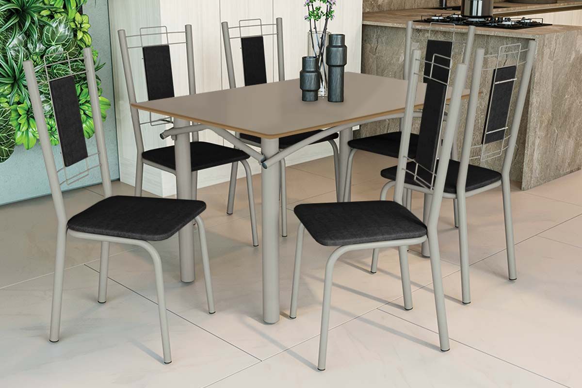 Sala Jantar Mesa Elba Tampo Madeirado c/ Vidro 120cm e 6 Cadeiras Florença - Kappesberg