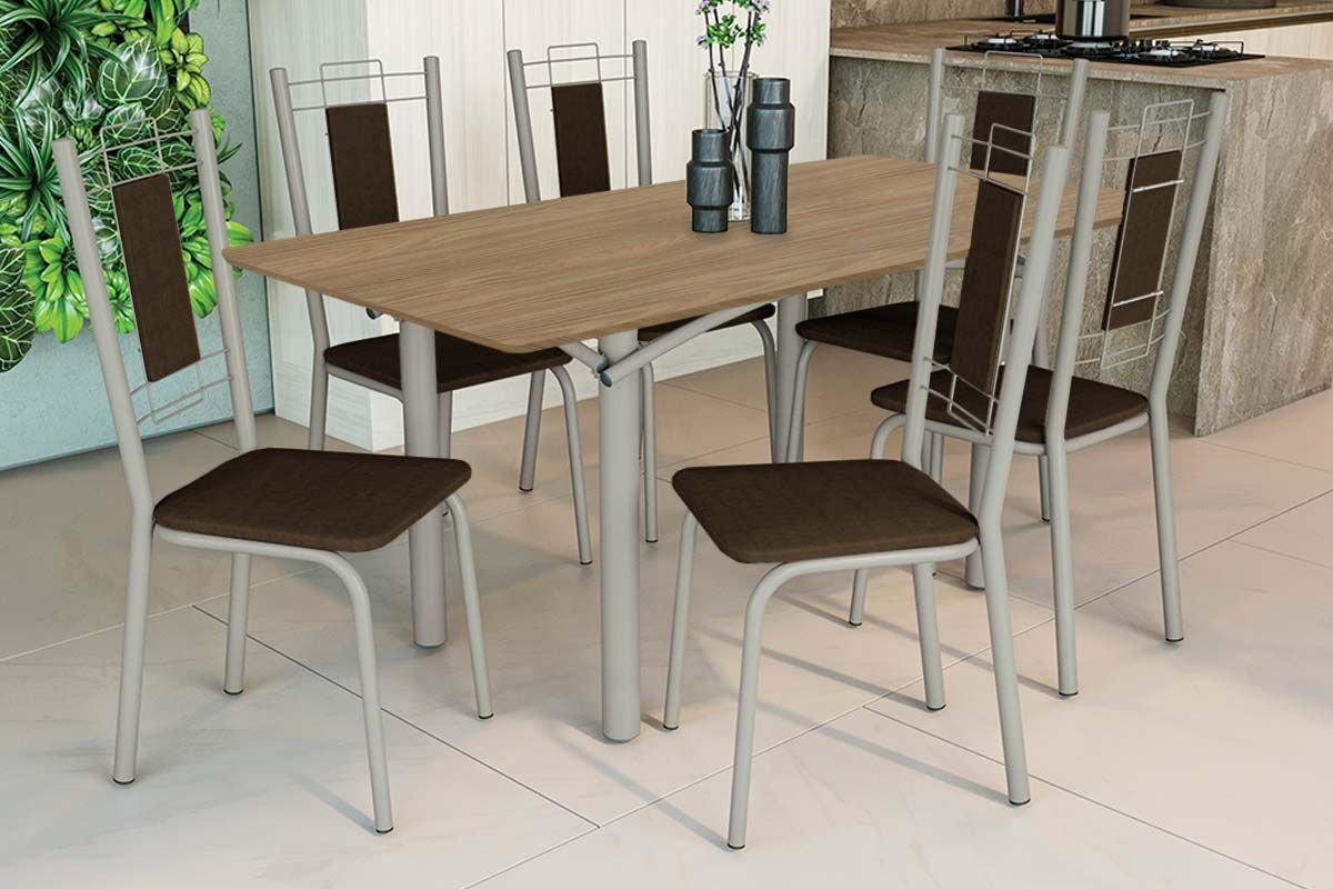 Sala Jantar Mesa Elba c/ Tampo de Madeira 160cm e 6 Cadeiras Florença - Kappesberg