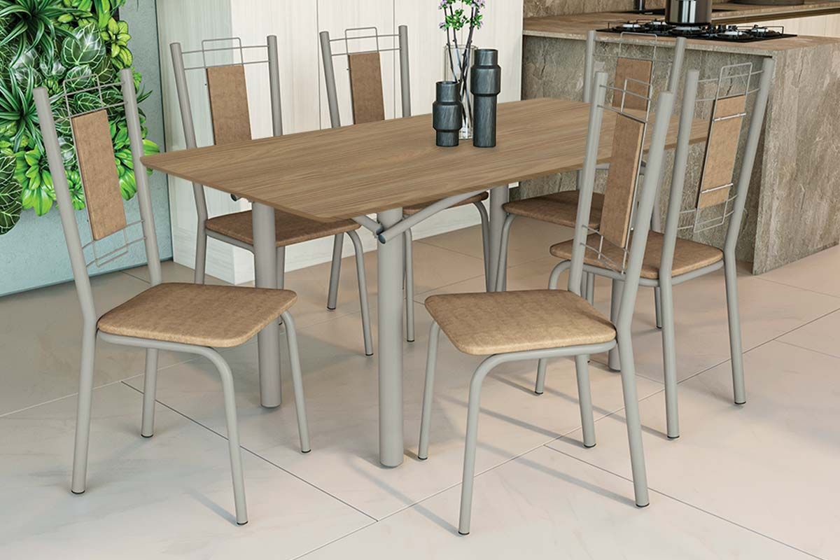 Sala Jantar Mesa Elba c/ Tampo de Madeira 160cm e 6 Cadeiras Florença - Kappesberg