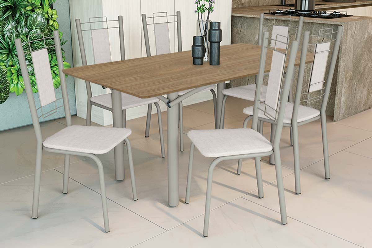 Sala Jantar Mesa Elba c/ Tampo de Madeira 160cm e 6 Cadeiras Florença - Kappesberg