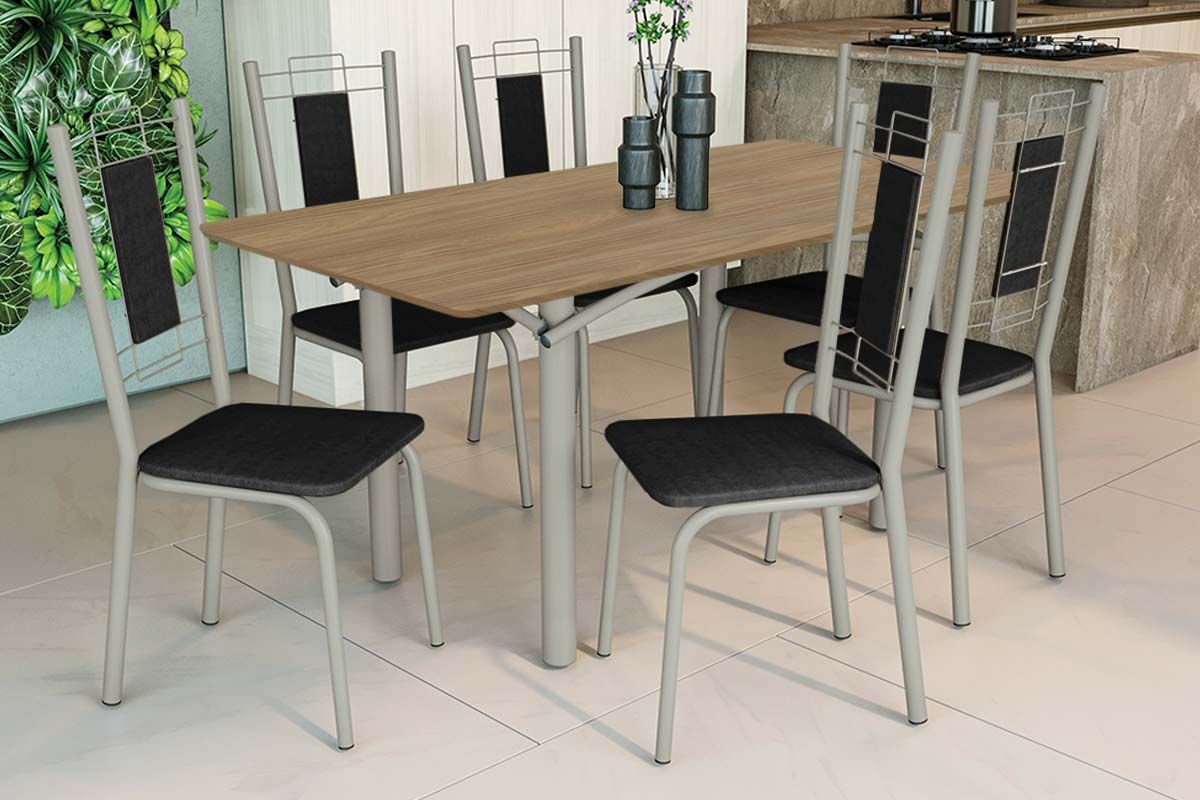 Sala Jantar Mesa Elba c/ Tampo de Madeira 160cm e 6 Cadeiras Florença - Kappesberg