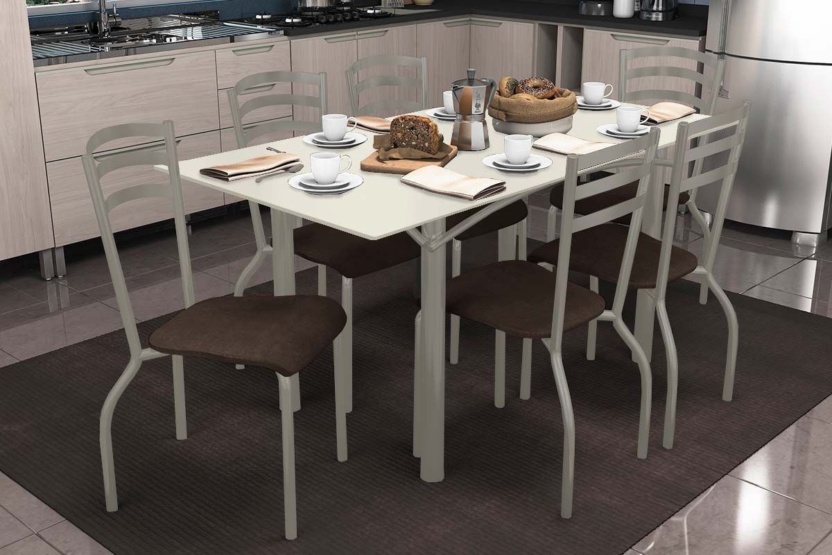 Sala Jantar Mesa Elba Tampo Madeirado c/ Vidro 160cm e 6 Cadeiras Portugal - Kappesberg