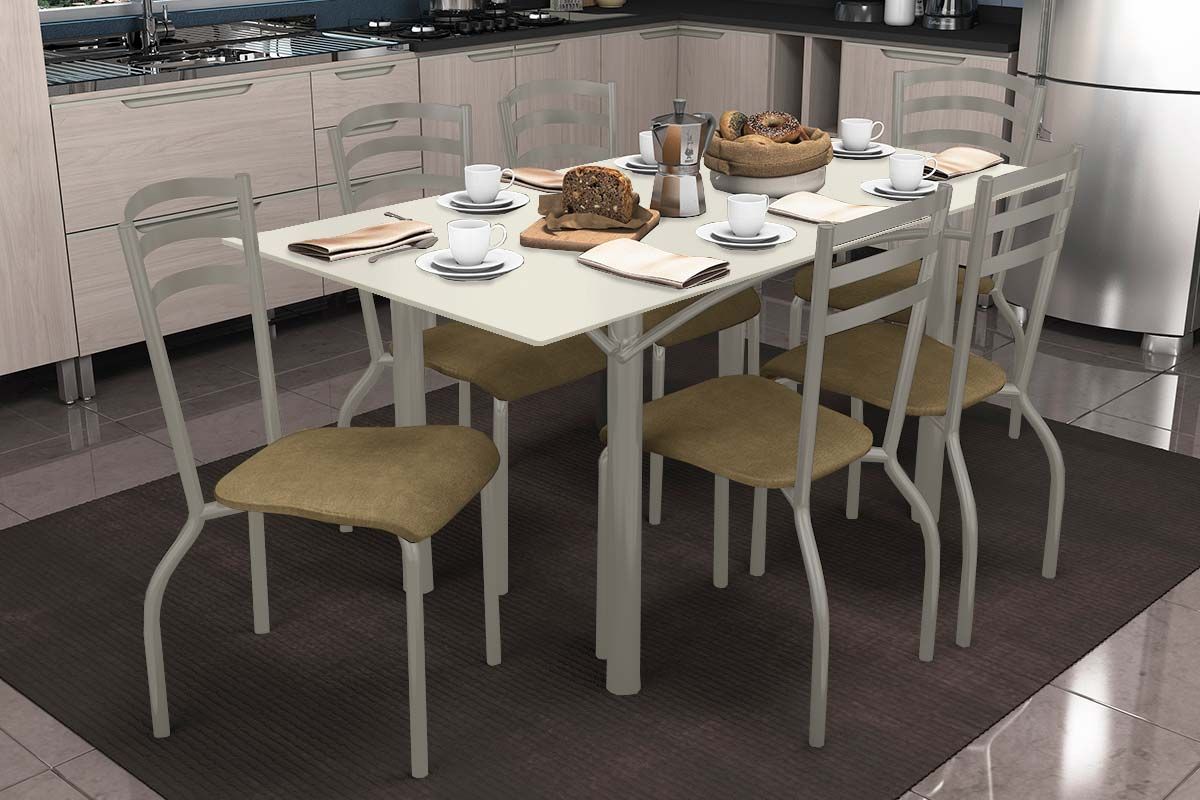 Sala Jantar Mesa Elba Tampo Madeirado c/ Vidro 160cm e 6 Cadeiras Portugal - Kappesberg