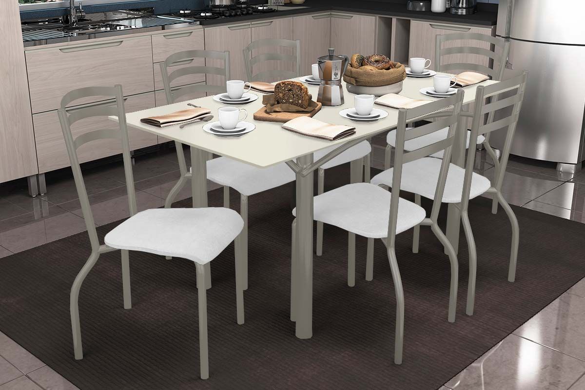 Sala Jantar Mesa Elba Tampo Madeirado c/ Vidro 160cm e 6 Cadeiras Portugal - Kappesberg