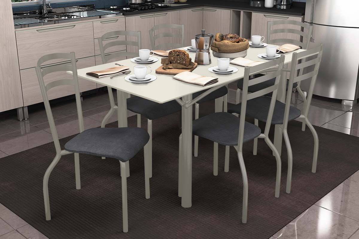 Sala Jantar Mesa Elba Tampo Madeirado c/ Vidro 160cm e 6 Cadeiras Portugal - Kappesberg