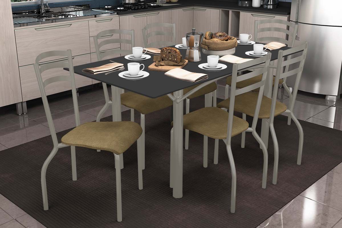 Sala Jantar Mesa Elba Tampo Madeirado c/ Vidro 160cm e 6 Cadeiras Portugal - Kappesberg
