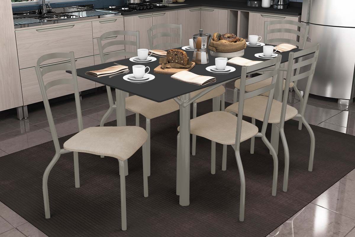 Sala Jantar Mesa Elba Tampo Madeirado c/ Vidro 160cm e 6 Cadeiras Portugal - Kappesberg