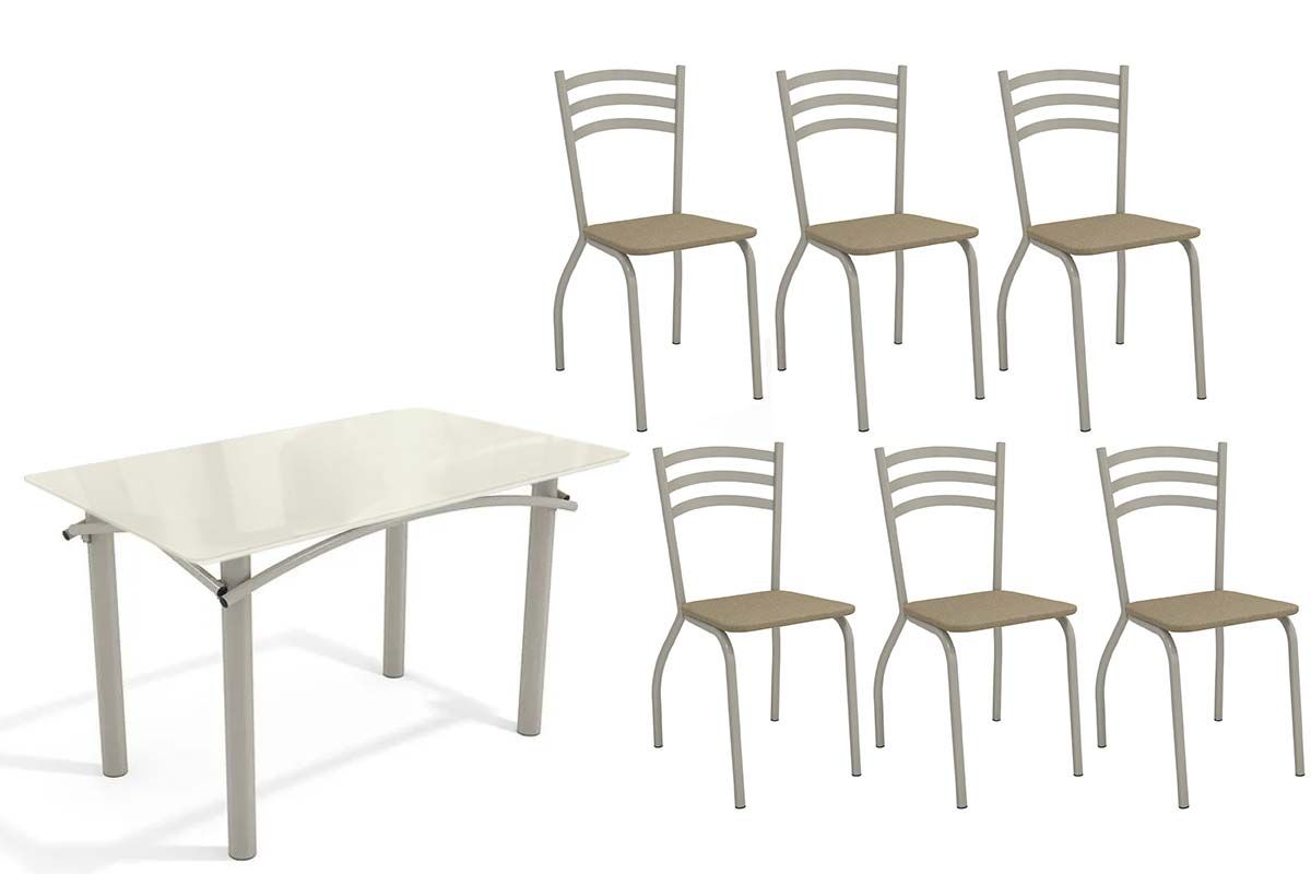 Sala Jantar Mesa Elba Tampo Madeirado c/ Vidro 120cm e 6 Cadeiras Portugal - Kappesberg