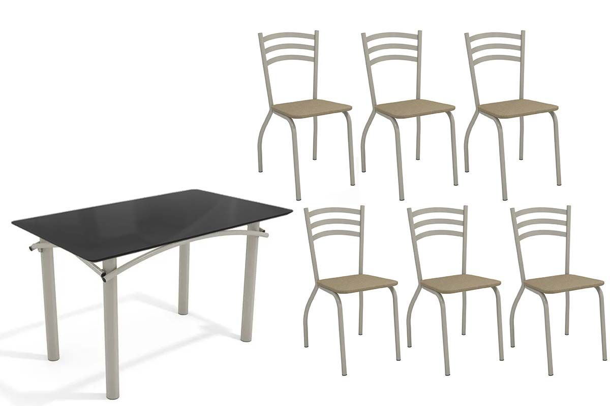 Sala Jantar Mesa Elba Tampo Madeirado c/ Vidro 120cm e 6 Cadeiras Portugal - Kappesberg