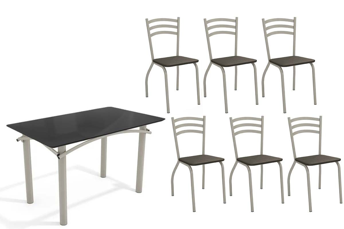 Sala Jantar Mesa Elba Tampo Madeirado c/ Vidro 120cm e 6 Cadeiras Portugal - Kappesberg
