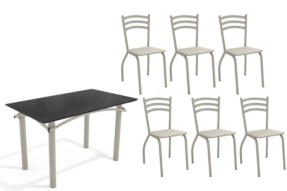 Sala Jantar Mesa Elba Tampo Madeirado c/ Vidro 120cm e 6 Cadeiras Portugal - Kappesberg