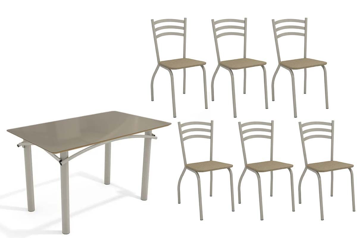 Sala Jantar Mesa Elba Tampo Madeirado c/ Vidro 120cm e 6 Cadeiras Portugal - Kappesberg