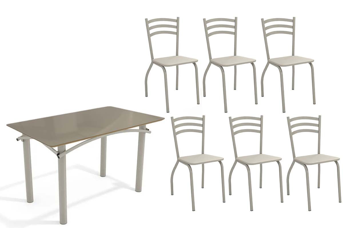 Sala Jantar Mesa Elba Tampo Madeirado c/ Vidro 120cm e 6 Cadeiras Portugal - Kappesberg