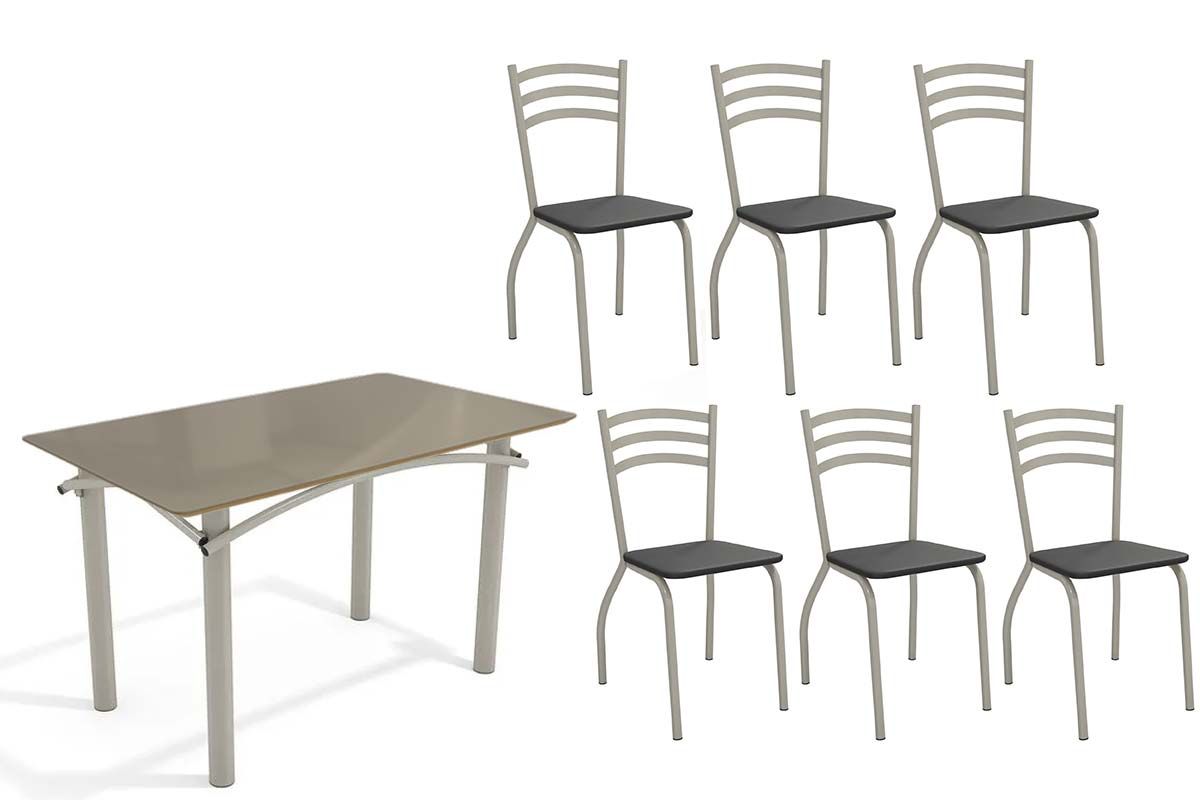 Sala Jantar Mesa Elba Tampo Madeirado c/ Vidro 120cm e 6 Cadeiras Portugal - Kappesberg