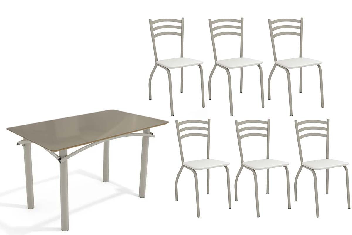 Sala Jantar Mesa Elba Tampo Madeirado c/ Vidro 120cm e 6 Cadeiras Portugal - Kappesberg