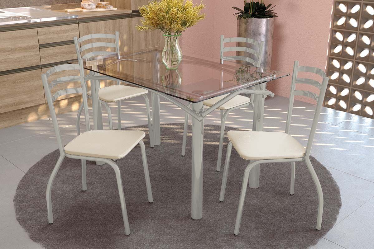 Sala Jantar Mesa Elba c/ Tampo de Vidro 120cm e 4 Cadeiras Portugal - Kappesberg
