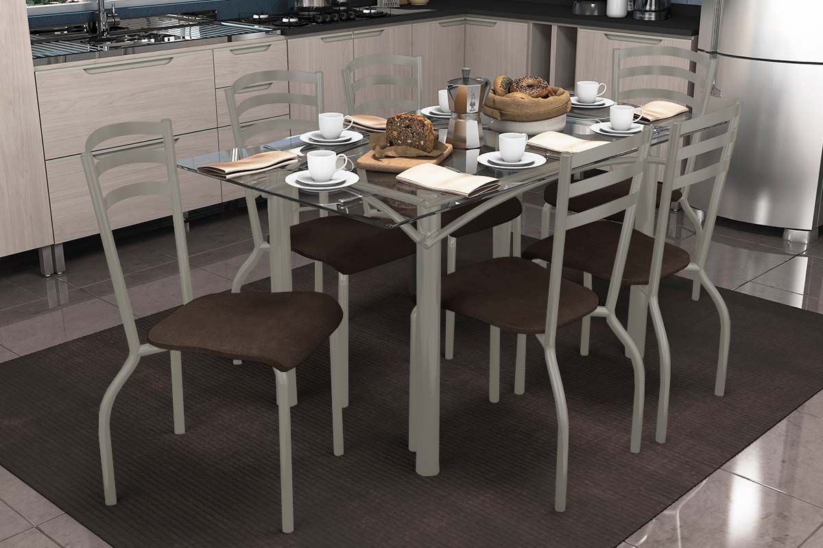 Sala Jantar Mesa Elba c/ Tampo de Vidro 150cm e 6 Cadeiras Portugal - Kappesberg