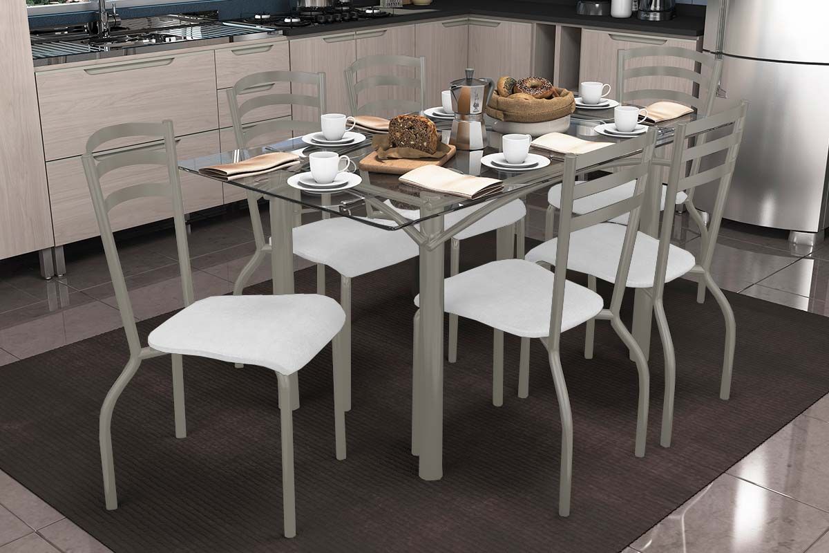 Sala Jantar Mesa Elba c/ Tampo de Vidro 150cm e 6 Cadeiras Portugal - Kappesberg