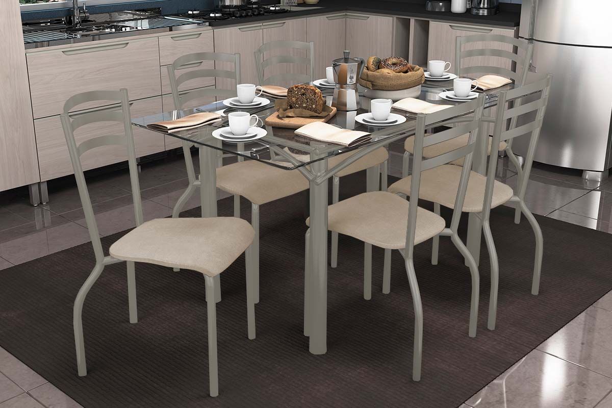 Sala Jantar Mesa Elba c/ Tampo de Vidro 150cm e 6 Cadeiras Portugal - Kappesberg