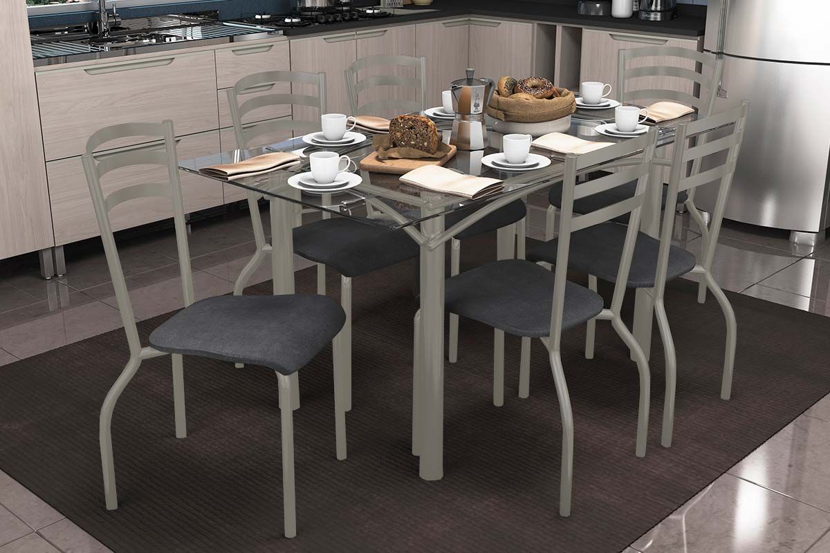 Sala Jantar Mesa Elba c/ Tampo de Vidro 150cm e 6 Cadeiras Portugal - Kappesberg