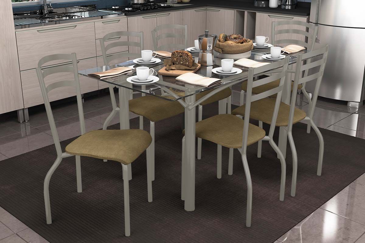 Sala Jantar Mesa Elba c/ Tampo de Vidro 150cm e 6 Cadeiras Portugal - Kappesberg