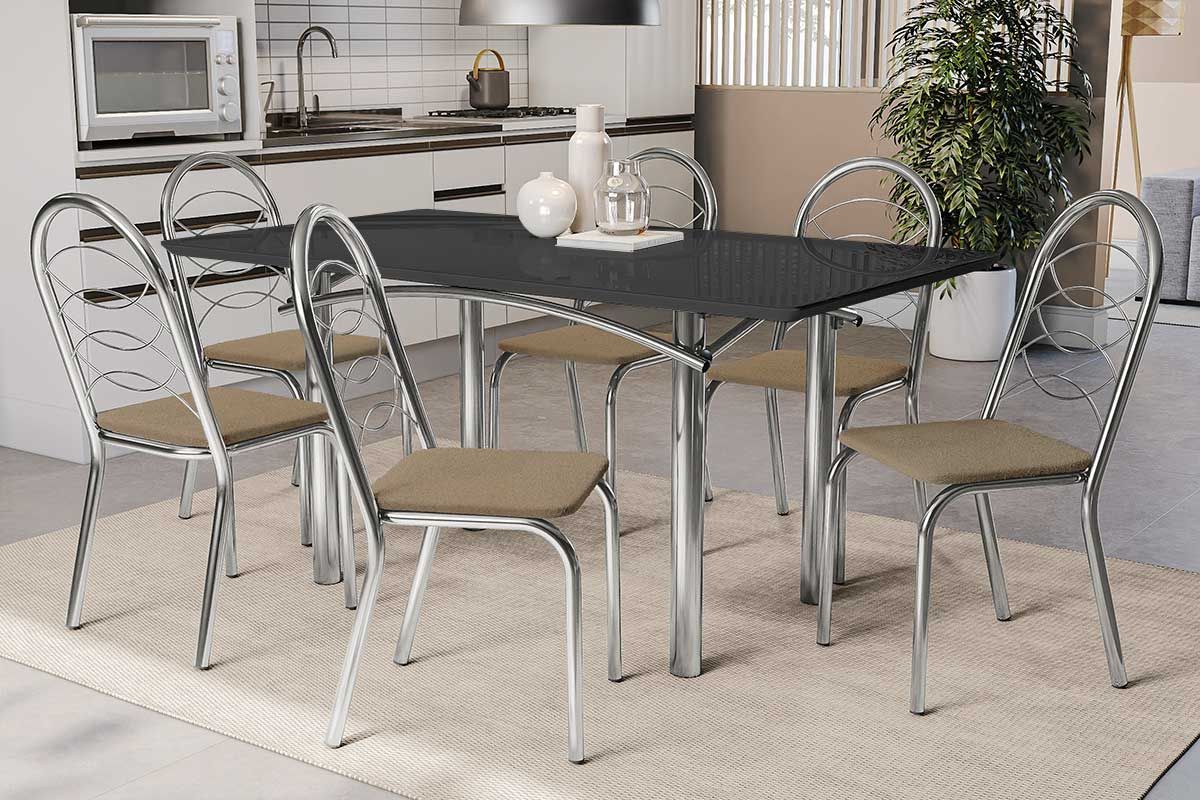 Sala Jantar Mesa Elba Tampo Madeirado c/ Vidro 160cm e 6 Cadeiras Holanda - Kappesberg