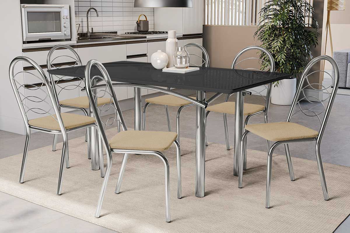 Sala Jantar Mesa Elba Tampo Madeirado c/ Vidro 160cm e 6 Cadeiras Holanda - Kappesberg