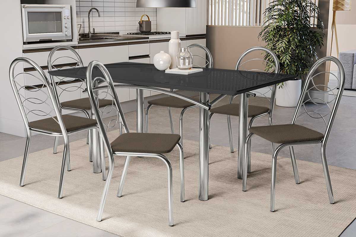 Sala Jantar Mesa Elba Tampo Madeirado c/ Vidro 160cm e 6 Cadeiras Holanda - Kappesberg