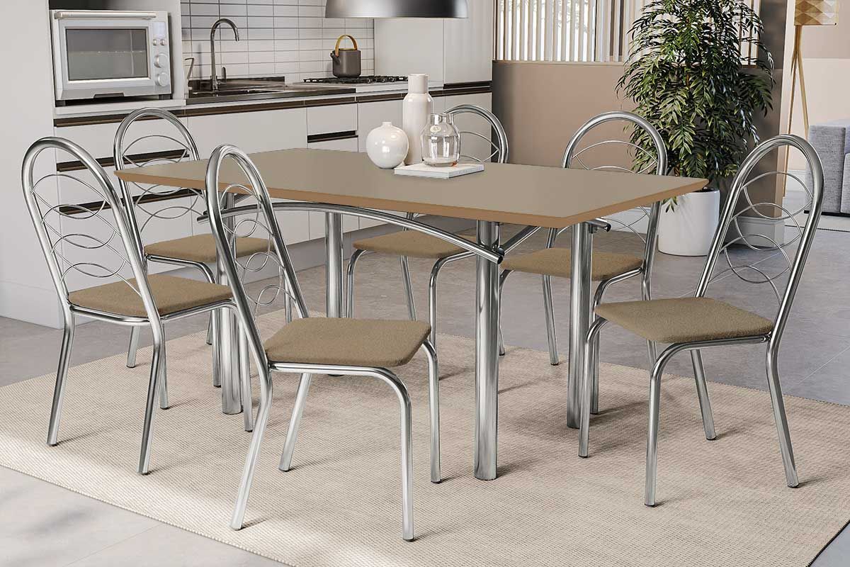 Sala Jantar Mesa Elba Tampo Madeirado c/ Vidro 160cm e 6 Cadeiras Holanda - Kappesberg
