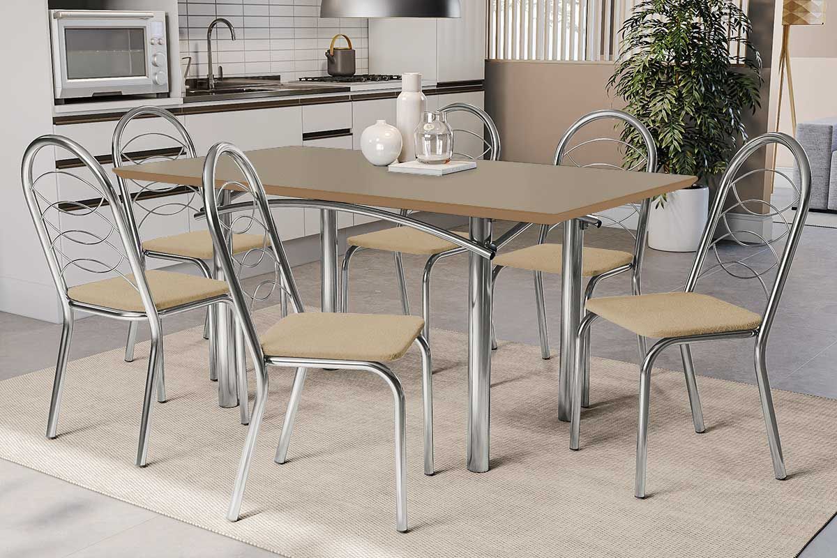 Sala Jantar Mesa Elba Tampo Madeirado c/ Vidro 160cm e 6 Cadeiras Holanda - Kappesberg